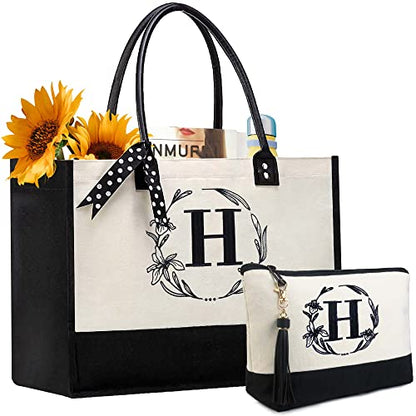 BeeGreen Embroidery Monogram Initial Tote Bag for Women Teacher Mom Friend Personalized Gift for Birthday Beach Work Wedding - color: White Lily, style: H