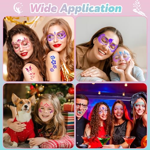 58PCS Face Paint Stencils, Halloween Festival DIY Body Art | Reusable, Washable, 50 Face Painting Stencils, 8 Sheets Tattoo Templates Stickers, Makeup Party, Painting Supplies