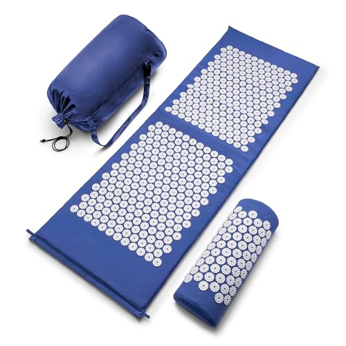Sivan Acupressure Mat & Pillow Set for Back & Neck (XL, Blue/White) | Grounding for stress and pain, acupuncture-point massage, muscle relaxation, sciatica and meditation; includes carry bag. - color: Blue/White, size: XL