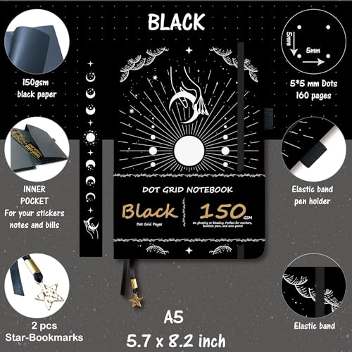 BUKE Dotted Journal - 150gsm Black Paper - 5 * 5mm DOT GRID Layout 160 Pages - A5 Size PU Leather Hardcover Drawing Sketch Notebook (Black) - color: Black