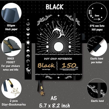 BUKE Dotted Journal - 150gsm Black Paper - 5 * 5mm DOT GRID Layout 160 Pages - A5 Size PU Leather Hardcover Drawing Sketch Notebook (Black) - color: Black