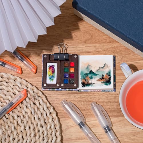 Qilery Mini Portable Watercolor Palette Set Wooden Grid Paint Box Watercolor Paper Sketch Book Brush Pens with Binder Clip for Painters Artist Not Include Paint(Summer Flowers) - style: Summer Flowers