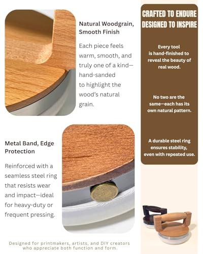Wooden Printmaking Tool – 4 Inch Block Printing Press with Ergonomic Wood Handle, Steel-Reinforced Rim & Mesh Pad, Ideal for Linocut, Relief Printing and Art Prints (Charcoal Walnut Grain) - color: Charcoal Walnut Grain