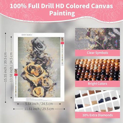 Diamond Art Kits for Adults, Diamond Art Flowers: Black Gold Rose Round Drill Painting - 5D Full Drill, 12"x16" Beginner DIY Elegant Wall Art Gift +30% Bonus Diamonds! - color: Black Gold Rose