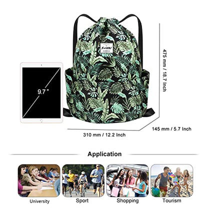 XEYOU Drawstring Backpack Bag Sport Gym Sackpack Beach Cinch Bag | Lightweight Swimming Bag, Water-Resistant Fabric, Travel Daypack for Women and Men - color: Banana Leaf