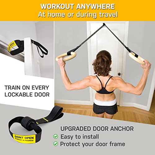 Double Circle Wood Gymnastics Rings with Quick Adjust Numbered Straps and Exercise Videos Guide - Full Body Workout Rings, Calisthenics, Home Gym (Multi-Size) - style: Rings & Straps + Door Anchor + Foot Straps