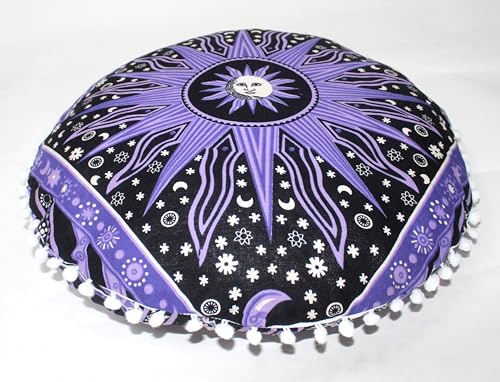 ICC Round Mandala Floor Pillow Cover Seating Cushion Throw Cover Hippie Decorative Bohemian Ottoman Pouf Cover, Pom Pom Pillow Cases,Boho Indian 22 Inches Purple Burning Sun - color: Purple, size: 22" x 22" (Pack of 1)