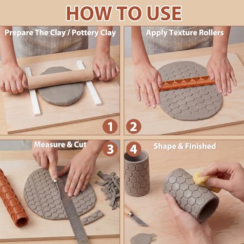 Leriton 6-Pack 9 Inches Clay Texture Roller Set Extra Large Polymer Tools 6-Pattern 3D-Printed Texture Roller for Polymer Clay, Ceramics, Painting and Decoration, Tabletop Crafting, Crafts, DIY - size: 9 Inch
