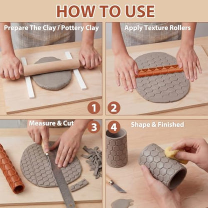 Leriton 6-Pack 9 Inches Clay Texture Roller Set Extra Large Polymer Tools 6-Pattern 3D-Printed Texture Roller for Polymer Clay, Ceramics, Painting and Decoration, Tabletop Crafting, Crafts, DIY - size: 9 Inch