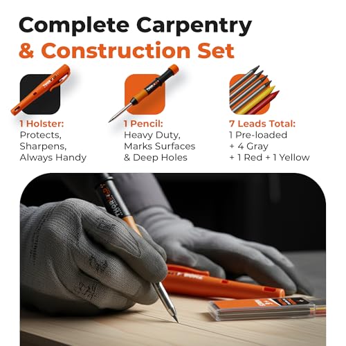 THORVALD New Carpenter Pencils with Holster for Construction - Incl. 7 Leads + Sharpener - Solid Mechanical Pencils with Fine Point/Best Marking tools Construction/Carpenters/Scriber