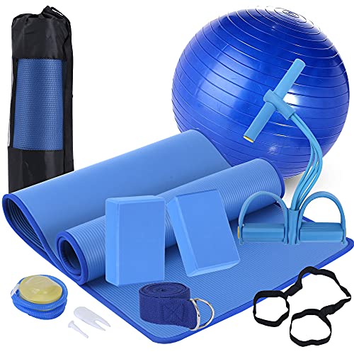 Yoga Mat Set for Beginners,Yoga Mat with Carrying Strap,Yoga Blocks 2 Pack with Yoga Strap,Yoga Ball,Ankle Puller,11-Piece Yoga Kits and Sets for Beginners,Yoga Starter Kit for Women Men - color: Blue