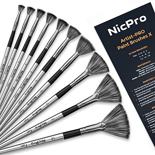 Nicpro Fan Paint Brushes 10 PCS Artist Painting Brush Set Soft Anti-Shedding Nylon Hair Wood Short Handle for Acrylic, Watercolor, Oil, Craft Painting - size: Fan