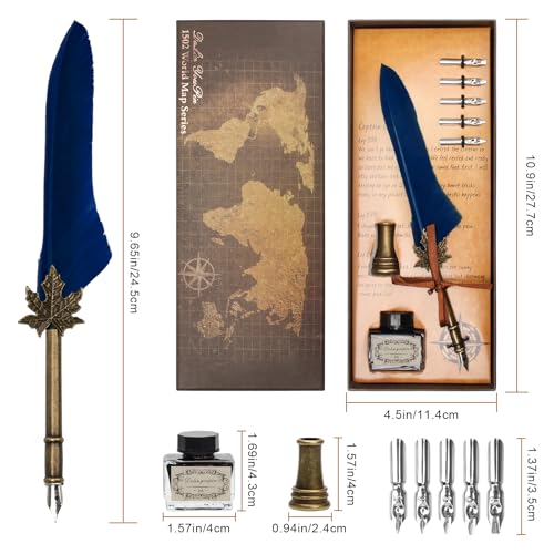AHIER Quill Pen and Ink Set, Feather Pen Quill Pen Set Includes 5 Steel Replacement Nibs,Pen Nib Base and Dip Ink Bottle for Antique Calligraphy (Blue) - color: Blue