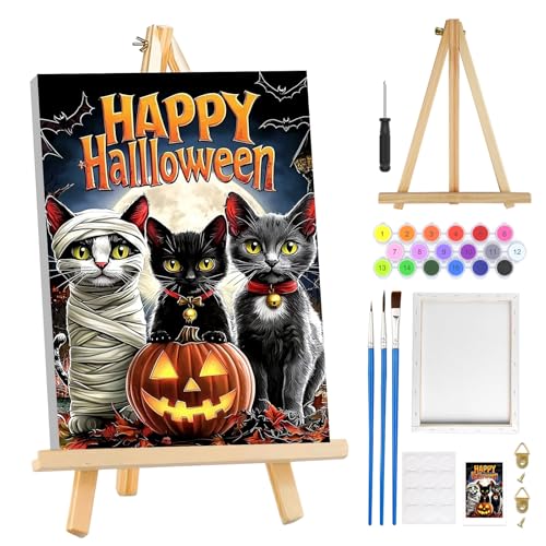 MOGTAA Halloween Paint by Numbers Kit for Adults Beginners with Frame, Cat Adult Paint by Number Kits on Canvas with Easel, Easy DIY Pumpkin Oil Painting Kits for Home Decor, 8x12in - color: Halloween Cat