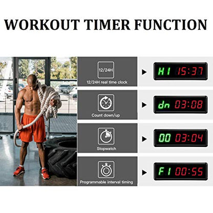 Gym Timer Clock Digital Interval Tabata Workouts Fitness Wall Small with Remote Home Garage Office Jujitsu School Referee Studio Church Service (Two Green+Four Red 1.5") - color: Two Green+four Red 1.5"