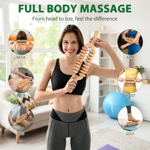 Liitrton Manual Wooden Massage Roller Stick for Muscle Relief, 18-Wheel | Smooth Body Roller, Wood Therapy Massage Tools for Trigger Point Relief, Legs Sore Muscle Recovery - size: 18-Wheel