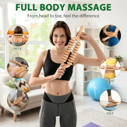 Liitrton Manual Wooden Massage Roller Stick for Muscle Relief, 18-Wheel | Smooth Body Roller, Wood Therapy Massage Tools for Trigger Point Relief, Legs Sore Muscle Recovery - size: 18-Wheel
