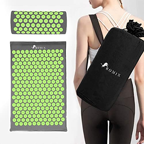 ROMIX Acupressure Mat And Pillow Set, Back Neck And Shoulder Pain Relief | Stress Reduction, Muscle Relaxation, Wellness Therapy, Carry Bag, For Men And Women, Home Use, Acupuncture Mat Set - color: Green