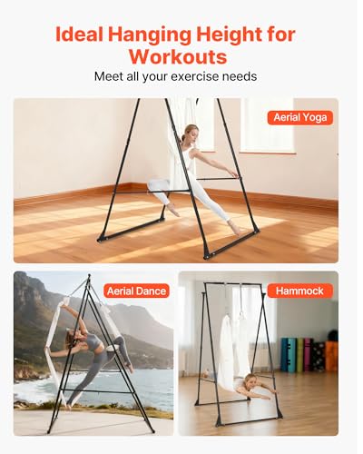 VEVOR Yoga Stand Frame, Max 440.9 lbs Load Swing Stand, Triangular Structure Aerial Rig, Aerial Silk Stands with EVA Foam & 6.6-Yard Yoga Hammock, 4-Level Horizontal & 6-Level Vertical Adjustment