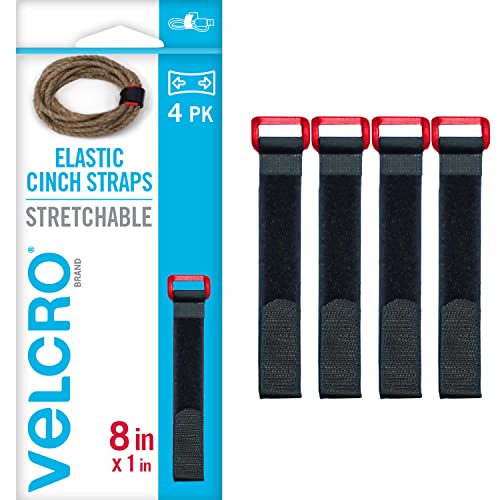 VELCRO Brand Elastic Cinch Straps with Buckle, 8in x 1in, Black, 4 Pack | Fully Adjustable Stretch Straps For Power Cords, Ropes, Cables, Camping Gear, Travel, Garage Storage, And Home Organization - size: 4PK Small 8"