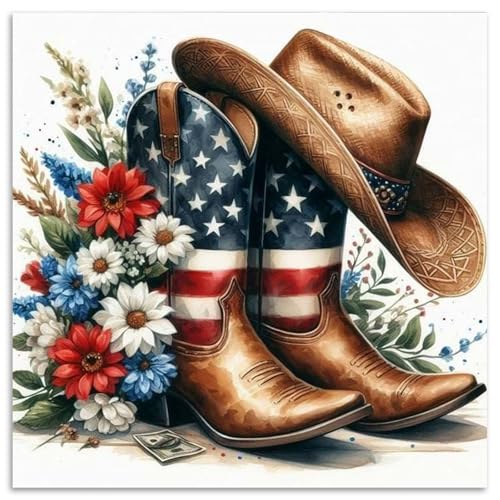 Cowboy Boot Diamond Art Kits for Adults Beginners 14x14 in, DIY Craft Gift | American Cowboy Boot Diamond Painting Kits for Adults, Stress Relief, Home Wall Decor, 5D Full Round Drill Gem Art - color: DP-US15