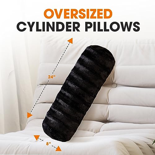 Cheer Collection Faux Fur Bolster Pillows – Soft Decorative Cylinder Pillows for Bed or Couch, Machine Washable – 8” x 24”, Set of 2, Black - color: Black