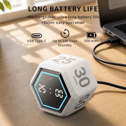 Visual Productivity Timer with Stopwatch, 5 & 25 Minute Presets | 6 Presets 3, 5, 10, 25, 30 & 50 Minutes with Silent, Vibration and Sound Alerts for ADHD, Study, Work and Classroom - color: White