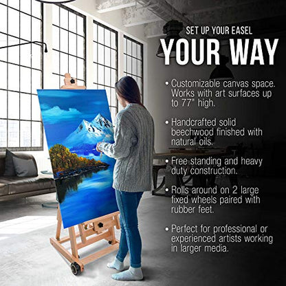 U.S. Art Supply Master Multi-Function Studio Artist Wooden Floor Easel | Large Heavy Duty Adjustable H-Frame, Tilts Flat, Mast Adjusts to 97" High, Beechwood Painting Canvas Holder Stand with Wheels