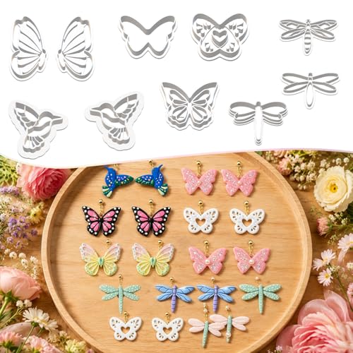 10PCS Butterfly Dragonfly Hummingbird Clay Cutters for Jewelry | Polymer Clay Cutters Set with Embossed Designs for Earrings, Pendants, Charms, Keychains and DIY Crafts - color: Butterfly & Dragonfly