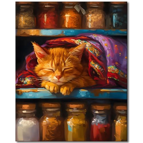 TUMOVO Adult Paint by Numbers Kit, Cozy Cat in Spice Cabinet Canvas | Cute Animal Art Canvas, Color by Numbers for Adults Beginner, Easy Pre-numbered Guide, Paint & Brushes, 16x20 Inches. - color: Cat