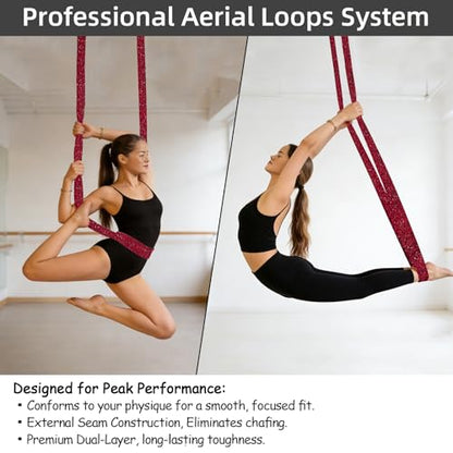 PRIOR FITNESS Aerial Loops Set,SGS Certified,9ft Yoga Straps Trapeze 2pcs - color: Glitter Red