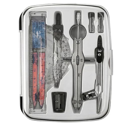 Mr. Pen- Geometry Set, 13 pcs, 3 Metal Compasses, Protractor, 6" Ruler | 45° & 30°/60° Set Squares, Pencils, Lead Refills, Sharpener & Eraser for Math, Drafting & Classroom Use - color: Black