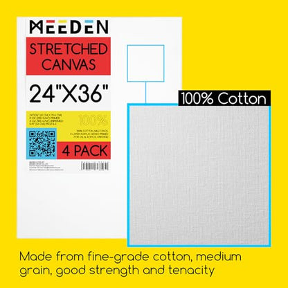 MEEDEN Stretched Canvas, 24 × 36 Inch, Pack of 4, Blank White Canvases for Painting, 100% Cotton, 15 oz Gesso-Primed, Pre-Stretched Canvas for Acrylic Oil Pouring & Airbrushing Painting - size: 24''x36''- 4 Pack