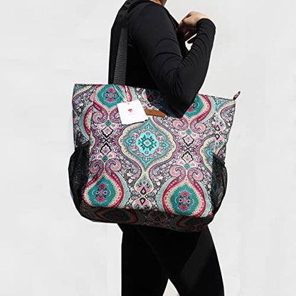 ESVAN Original Floral Water Resistant Large Tote Bag Shoulder Bag for Gym Beach Travel Daily Bags Upgraded - color: [R] Pattern