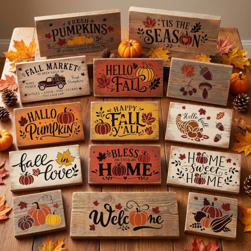 Sitsink Fall Stencils for Painting Pumpkin Maple Leaves Template Wall Mat | 20 reusable PET stencils,pumpkin maple leaf harvest autumn seasonal painting templates for DIY crafters mat rug wall canvas - style: hello fall