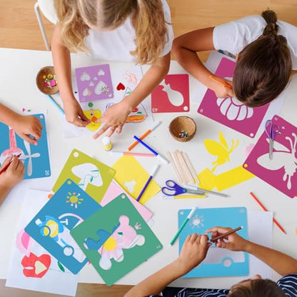 48PCS Stencils for Kids, 8" Sidewalk Chalk Stencils for Painting Kids Style | Geometric Letter Number Themed Primary Shape Template for Kids, Large Reusable Stencils for Drawing Outside, Crafts Painting