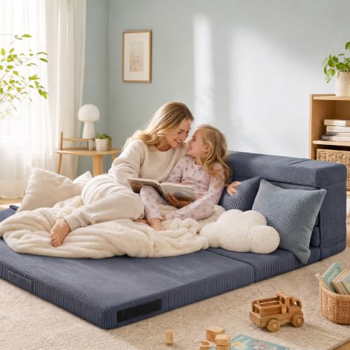 Tri-Fold Futon Mattress, Foldable Floor Mat (Navy Blue) - color: Navy Blue, size: Queen (80"L x 60"W x 3"Th)