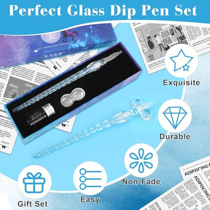 Luxiv Glass Ink Pen Set, Glass Dip Pen with Fluorescent Ink and Pen Holder Art Crystal Glass Pens for Signatures, Business Christmas Gift Glass Ink Pens (Blue, Basic) - color: Blue, style: Basic