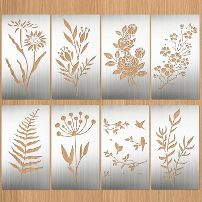 Eageus 8 Pcs Metal Stencils Wood Burning Stencil Lettering Stencils for Painting, Reusable Sunflower Flower Template for Wood Carving Drawing Engraving Journal Craft(Plant Style) - style: Plant Style