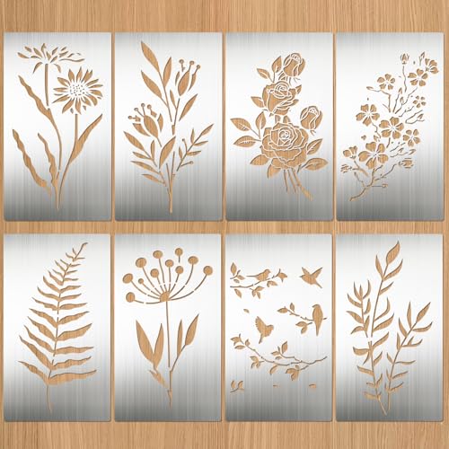 Eageus 8 Pcs Metal Stencils Wood Burning Stencil Lettering Stencils for Painting, Reusable Sunflower Flower Template for Wood Carving Drawing Engraving Journal Craft(Plant Style) - style: Plant Style