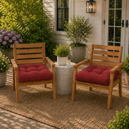 Magpie Fabrics Outdoor Tufted Seat Cushion 19"x19" Set of 2 (Dark Red) - color: Dark Red