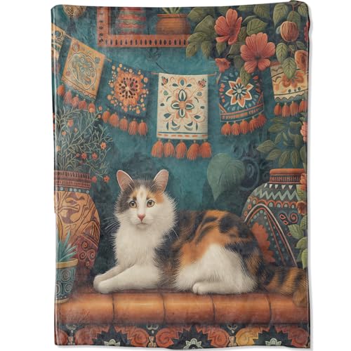 Exotic Calico Cat Blanket Gifts for Boys Girls Kids, Beautiful Potted Plant Flower Ornate Textile Throw Blankets for Sofa Office Couch Room Decor, Cozy Lightweight Warm Soft Throws, 40x50 in - color: Cat 02, size: 50x40 in