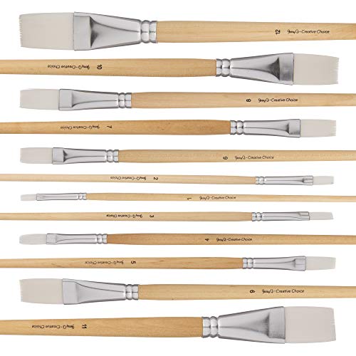 Jerry Q Art 12 PC White Synthetic Hair Flat Brush Set with Long Wood Handles for Watercolor and Acrylic JQ66051