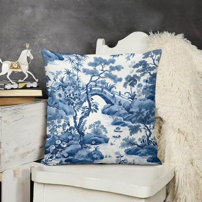 Blue Willow Chinoiserie Porcelain Inspiration Throw Pillow Covers - color: Blue Willow Chinoiserie Porcelain Inspiration