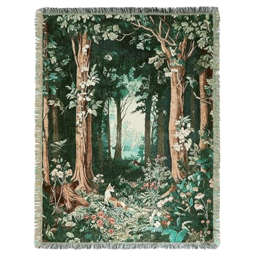 Moukeren 60 x 50 Inch Forest Woven Tapestry Blanket with Colorful Tassels Nature Tapestry, Woodland Cozy Throw for Couch Sofa Chair, Wall Hanging Home Decor Gift - style: Enchanted Forest