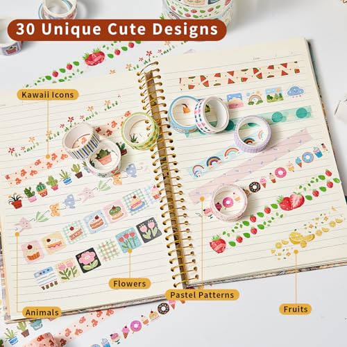 Kwaii Washi Tape 30 Rolls, Decorative Masking Tape for Junk Journal, Scrapbooking Supplies, DIY Crafting Supplies - style: Kwaii