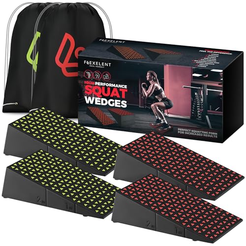 Flexelent Squat Wedge Block Pair, Squat Ramp, Calf Raise Block, Anti-Slip Slant Board, ATG Equipment to Boost Workout, 17° Incline, 3.5x5.9x12.2, Backpack Included - Vibrant Mix (Lime Green & Red)
