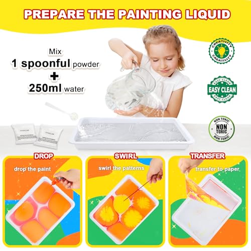 Water Marbling Paint Kit, DIY Arts and Crafts Kit for Girls & Boys 4-8 6-12, Creative Art Supplies, Birthday Gifts for Kids Ages 3+ - color: Yellow Green Blue Pink Red Purple