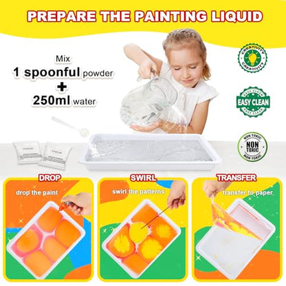 Water Marbling Paint Kit, DIY Arts and Crafts Kit for Girls & Boys 4-8 6-12, Creative Art Supplies, Birthday Gifts for Kids Ages 3+ - color: Yellow Green Blue Pink Red Purple