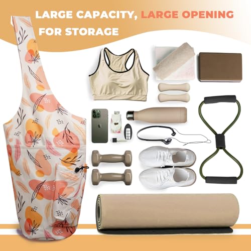 Yoga Mat Bag Carrier for Women Workout Large Waterproof with Zipper Pocket, Keychain and Wide Shoulder Straps - color: boho leaves